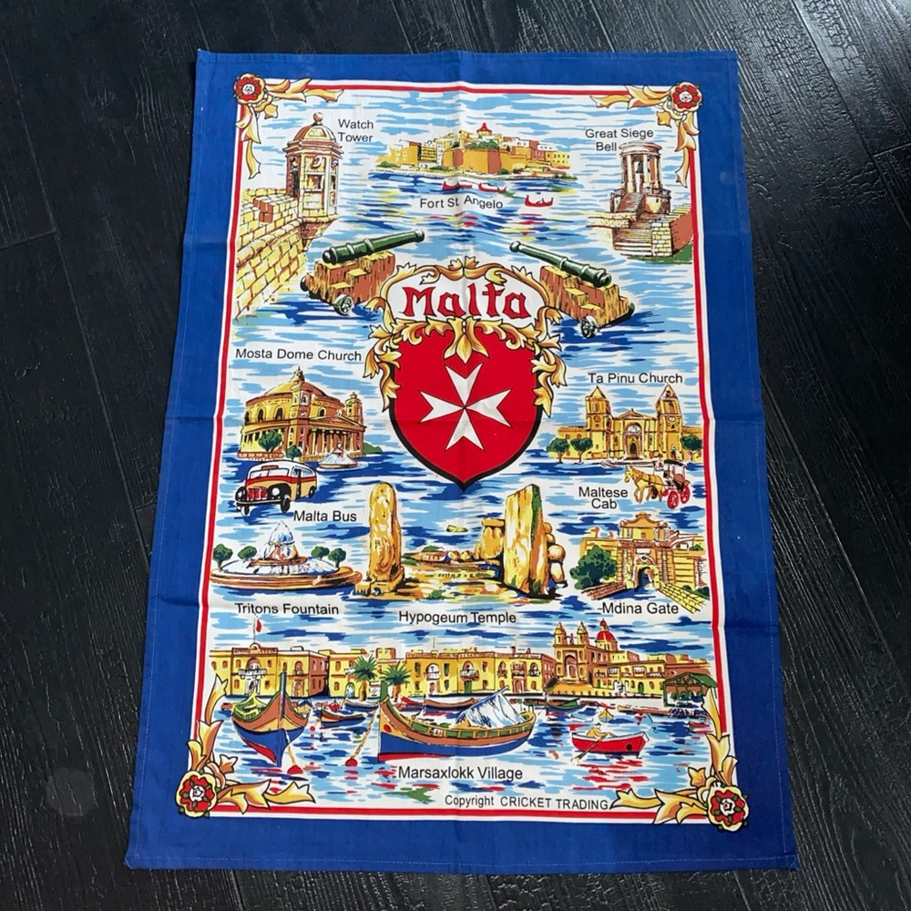 Vintage cricket Tea Towel Souvenir MALTA Landmarks‎
